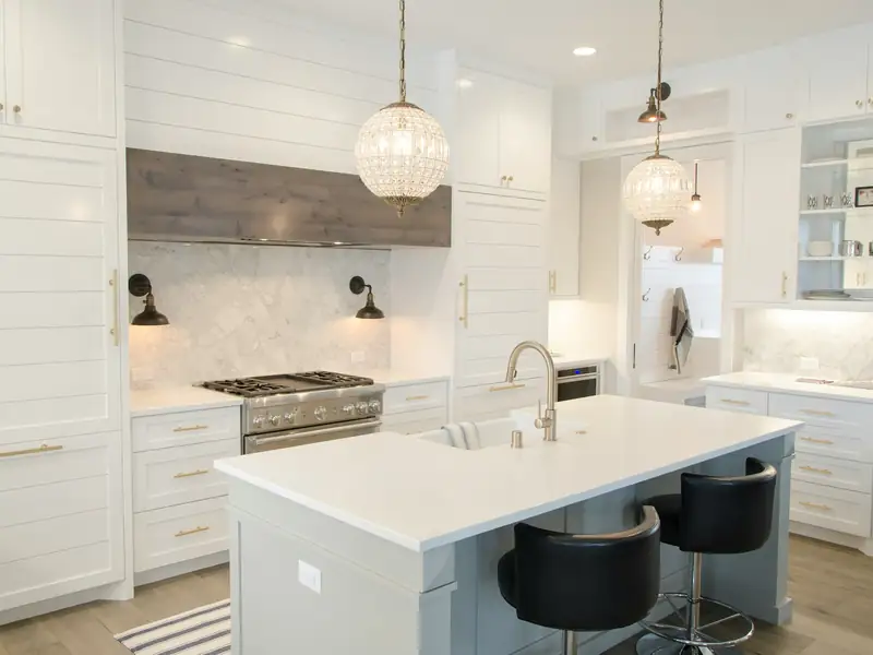 Finished white kitchen with an island